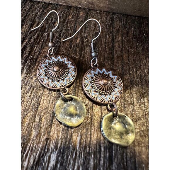 Boho Hippie Western Delicate Copper Sunshine Drop Wire Earrings, Gift Box - Picture 4 of 7